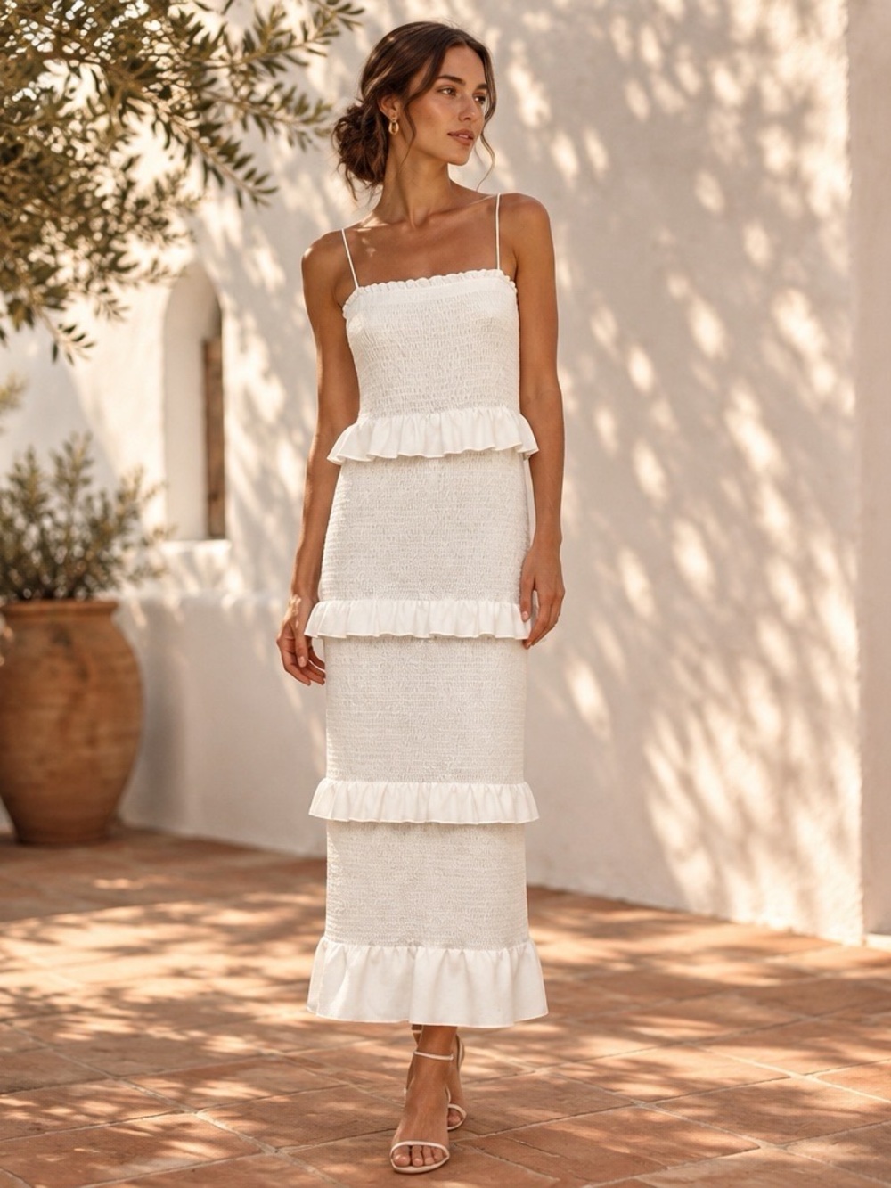 Forever 21 Ivory Smocked Tiered Ruffle Midi Dress NWT Large